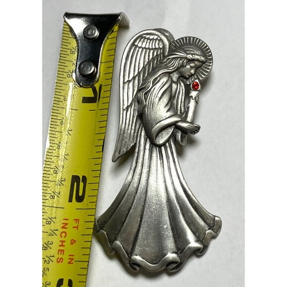 Angel Brooch Pin By JJ With Red Gem Accent In Pewter Silver Tone Finish - Picture 6 of 7